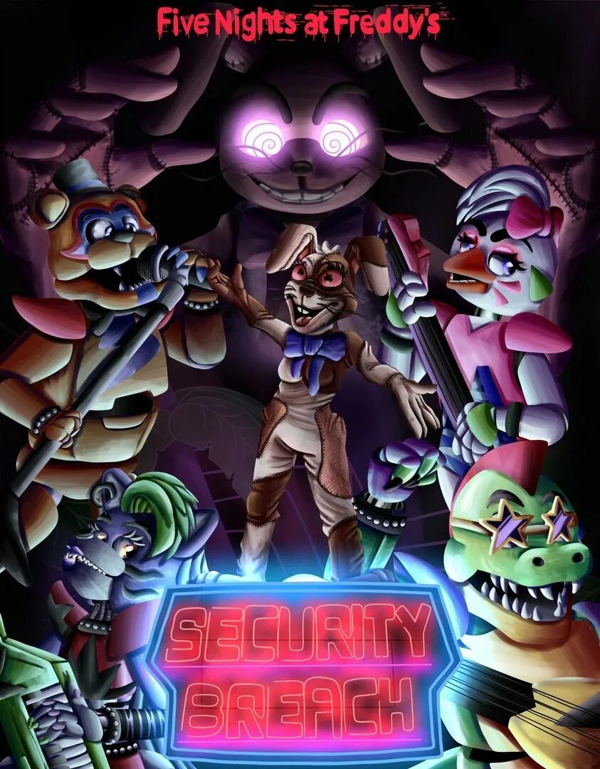 Five nights at freddys security breach отзывы. Fnaf security breach аниматроники. фнаф 9 постер. фнаф 9 секьюрити брич. плакат фнаф 9.