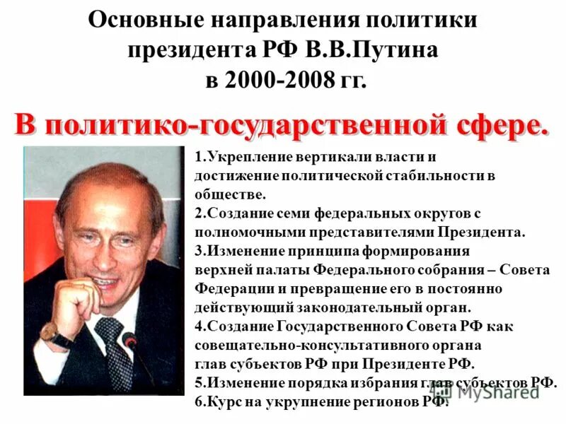 Изменение срока президента рф. Направления политики Путина 2000-2008. Основные направления политики президента РФ В.В Путина в 2000 2008 гг. Первое правление Путина 2000-2008. Основные направления политики президента РФ В В Путина 2000-2008.