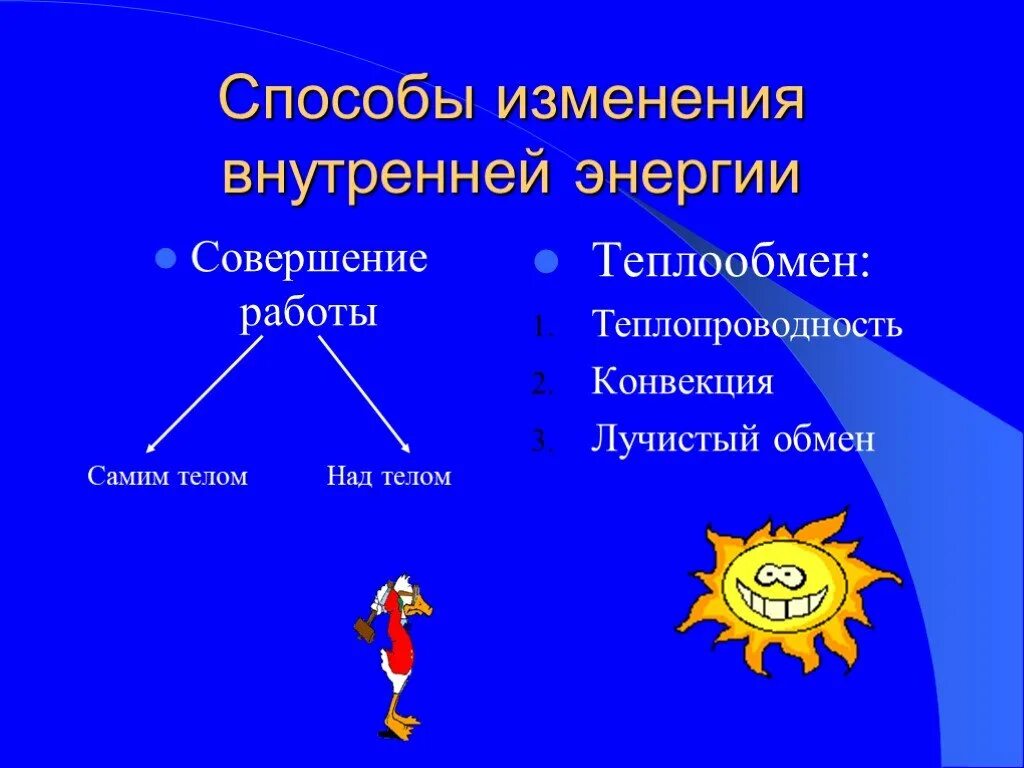 Энергия способы. Способы изменения внутренней энергии. Внутренняя энергия совершение работы. Способы изменения внутренней энергии самим телом. Внутренняя энергия презентация.