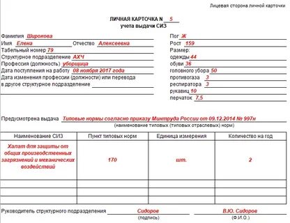 Карточка учета выдачи дежурных сиз бланк