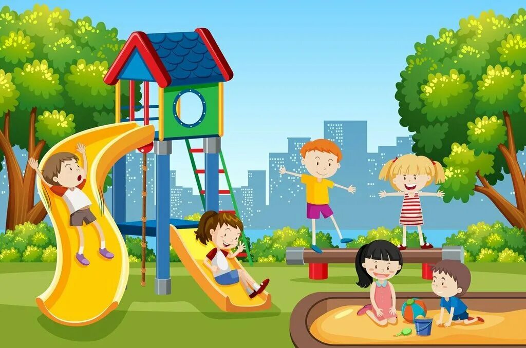 Мальчики и девочки играют на площадке. Игровая площадка для детей. дети на детской площадке. дети во дворе. иллюстрация детской площадки.