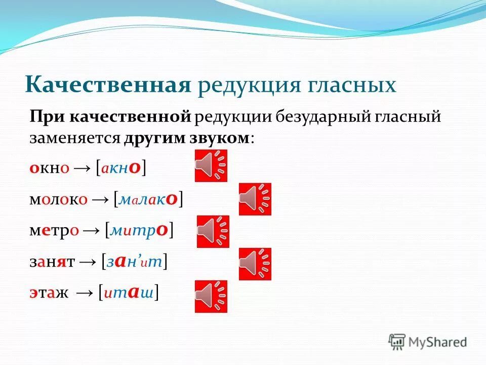 5 слов качественные. Количественная редукция гласных примеры. Редукция гласных в русском языке примеры. Редукция гласных РКИ. Редукция гласных в безударной позиции.