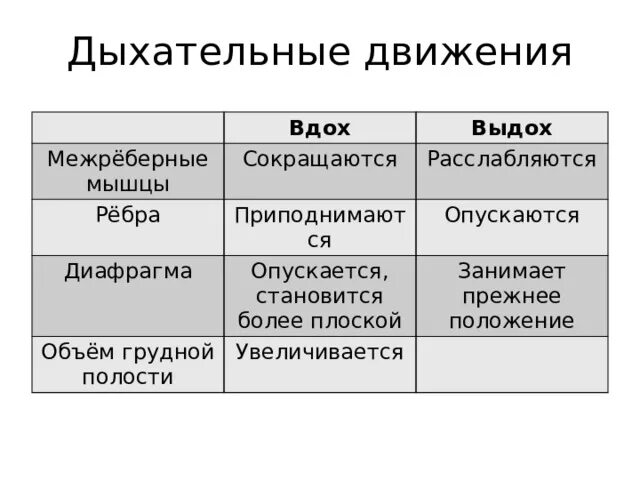 Дыхание движение. Дыхательные движения таблица. Таблица дыхательные движения 8 класс. Дыхательные движения вдох и выдох. Дыхательные движения кратко.