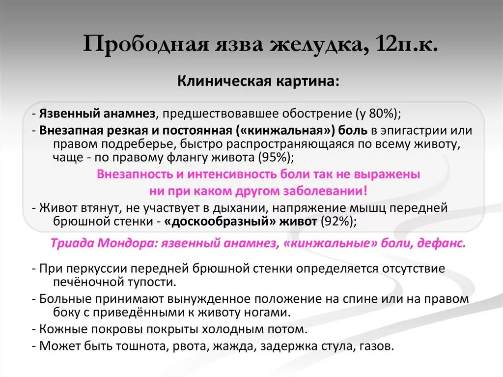 Язвенный анамнез. Анамнез перфоративной язвы желудка. Клиническая картина прободной язвы желудка. Жалобы при прободной язве желудка. Признаки перфорации язвы