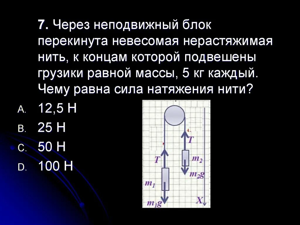 Через блок перекинута нерастяжимая нить