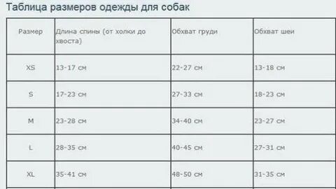 Таблица размеров для собак