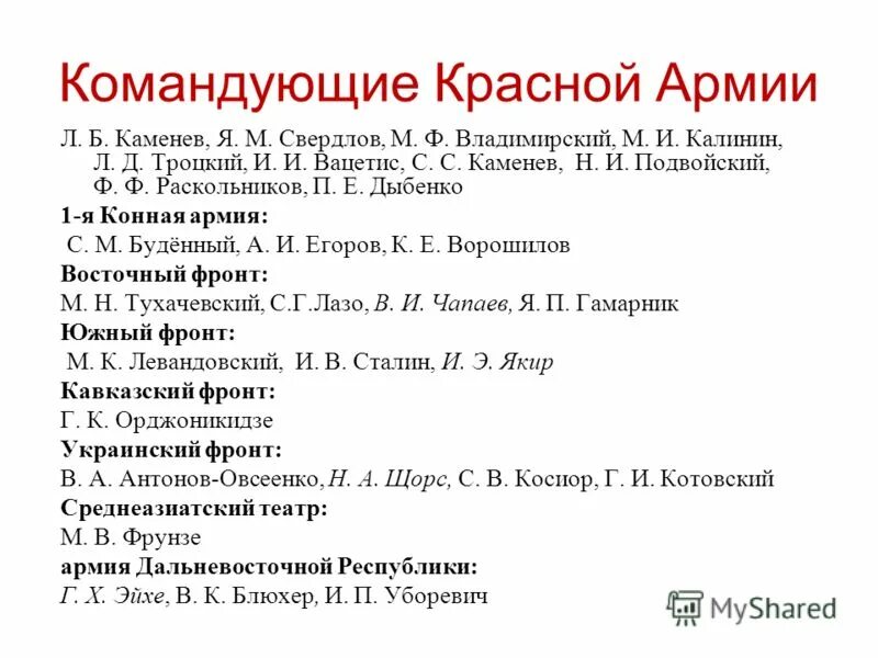 Фамилии главнокомандующих красной армии. Командующие гражданской войны красные и белые таблица. Командующие красной и белой армии в гражданской войне в России. Военачальники гражданской войны красной армии. Командующие белой и красной армией в годы гражданской войны.