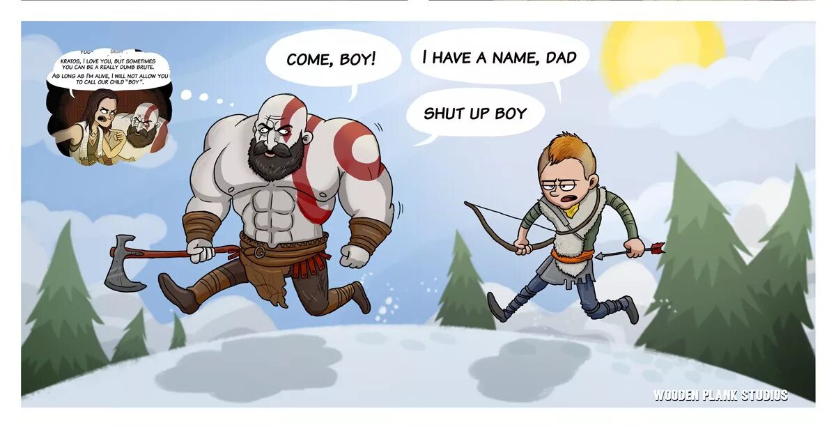 Младший титан кратос. Смешные комиксы про кратоса. Кратос и атрей комикс. Атрей god of war мем. Шадман кратос комикс.