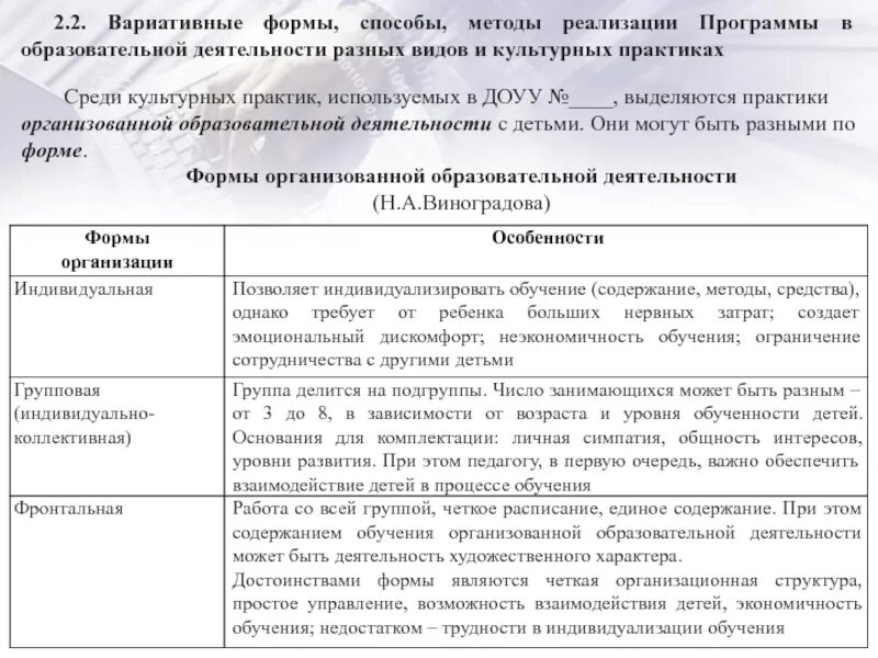 Формы и методы реализации программы.  Вариативные формы, способы, методы и средства реализации программы. Вариативные формы обучения. Вариативные формы способы методы и средства реализации программы ДОУ. Формы б методы и средства