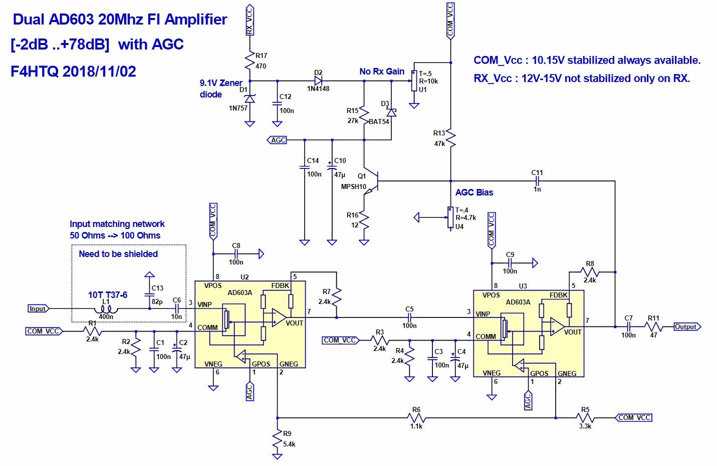 Input matches. Ad603 схема включения. AGC усилитель. Усилитель ПЧ на ad605 схема. ПЧ на ad603.