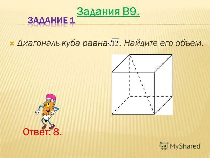 Диагональ Куба. Диагональ куба равна 4 найдите площадь поверхности