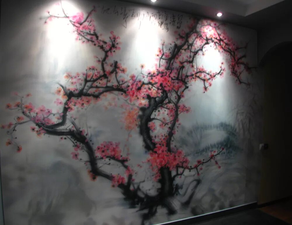 Красноярская сакура. Сакура на стене. Роспись стен Сакура. Дерево Сакуры на стене. Ветка Сакуры на стене.