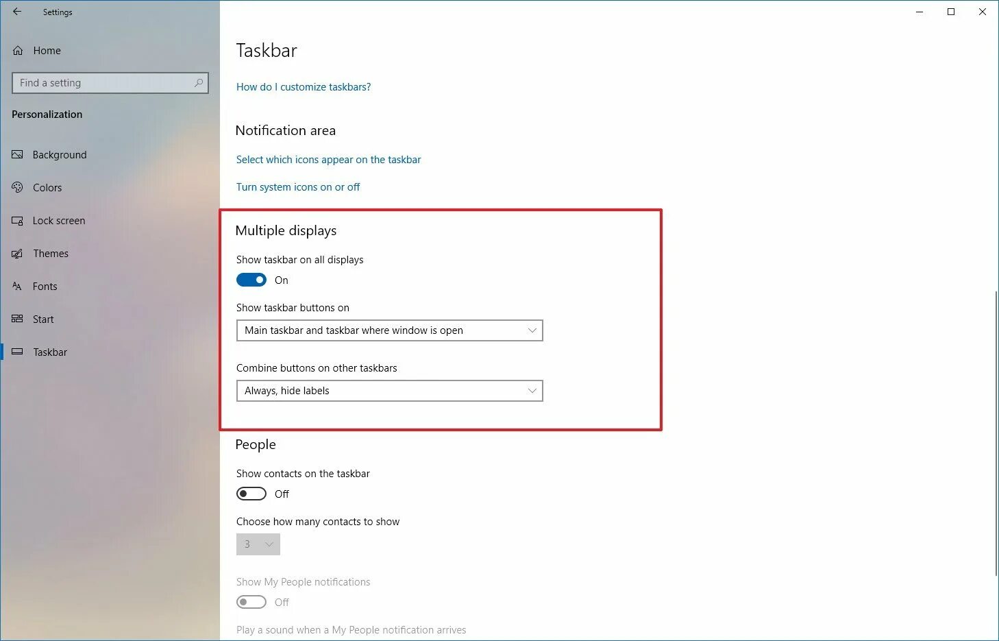 Setting windows 10. Show taskbar on all displays. windows customizer. customize service settings window.