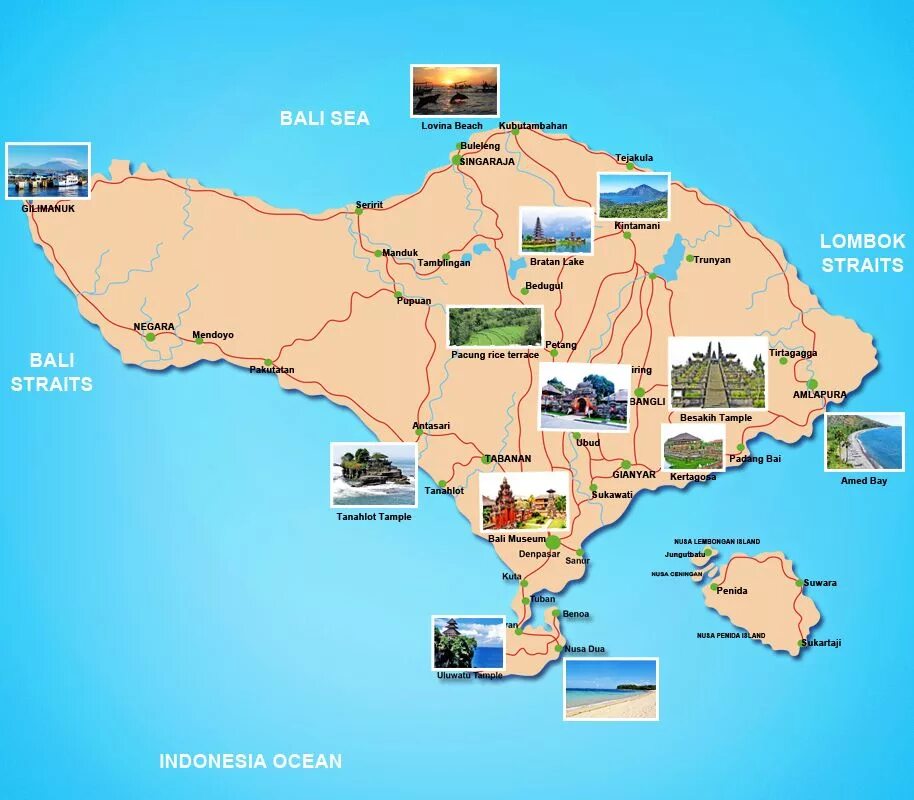 Размер бали. Карта острова Бали с достопримечательностями. Бали остров подробная карта. Карта острова Бали с районами. Курорты Бали на карте.