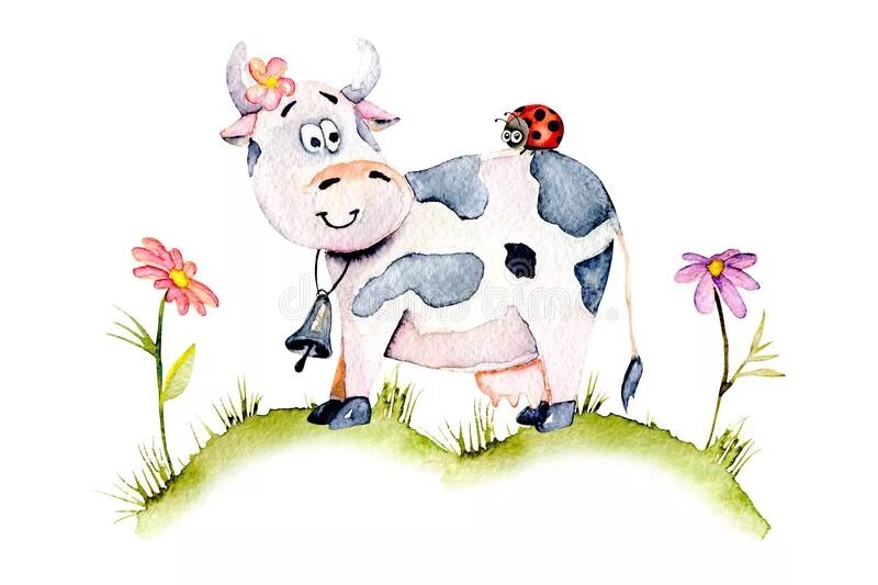 Корова божья коровка. Коровы на лугу. Корова в цветах иллюстрации. Корова акварелью. Милые коровки с цветами.
