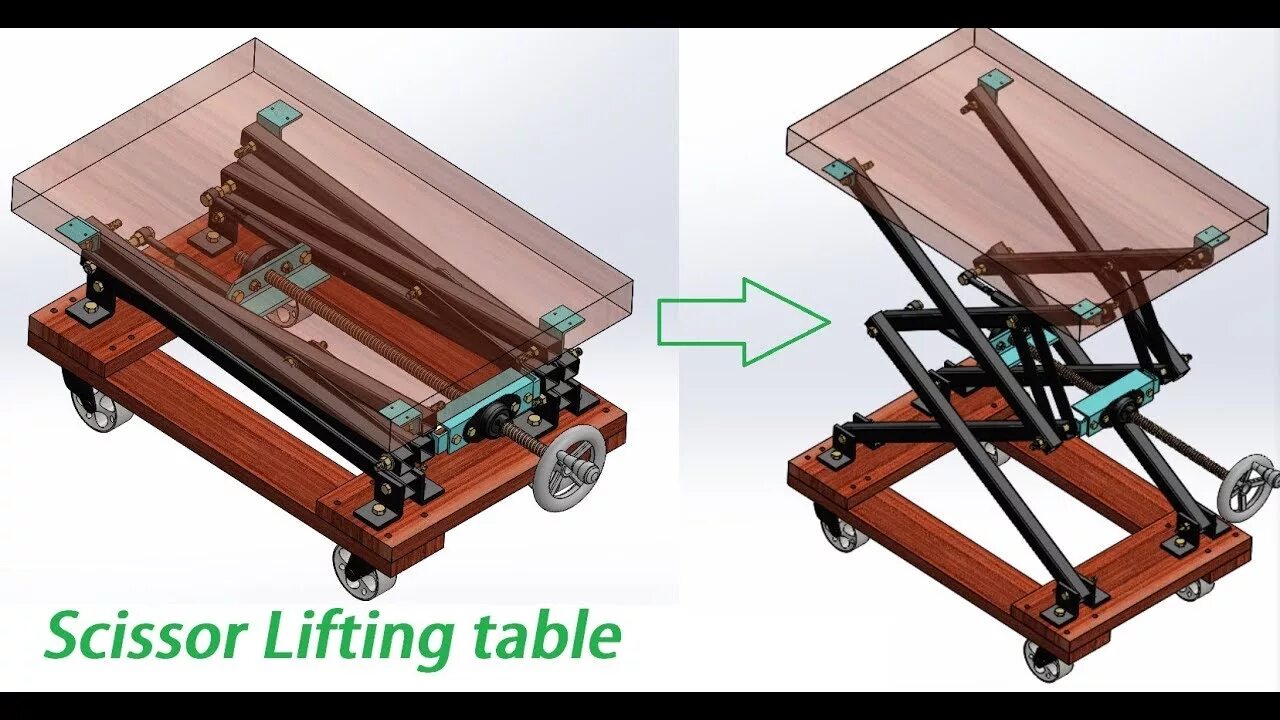 Scissor table. Lifting mechanisms. screw scissor table drawing. manual folding single step scissor mechanism design. hydraulic lifter animation.