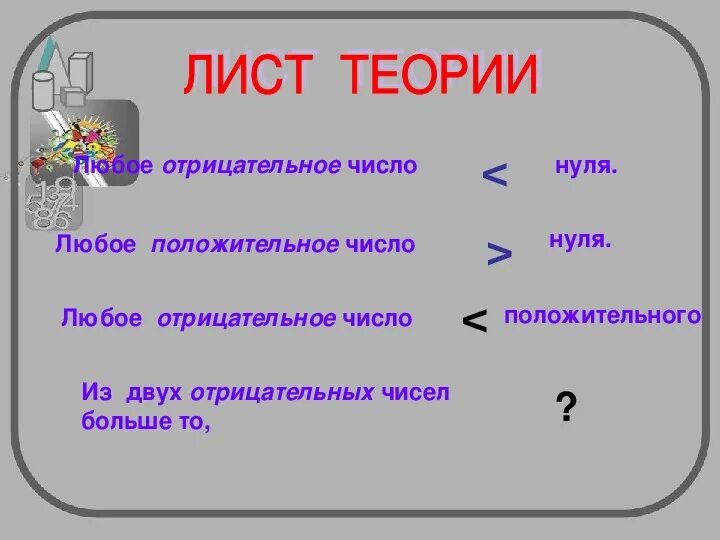 6 это положительное число. Любое положительное число. 0 больше любого отрицательного числа. любое отрицательное число любого положительного. любое отрицательное число нуля.