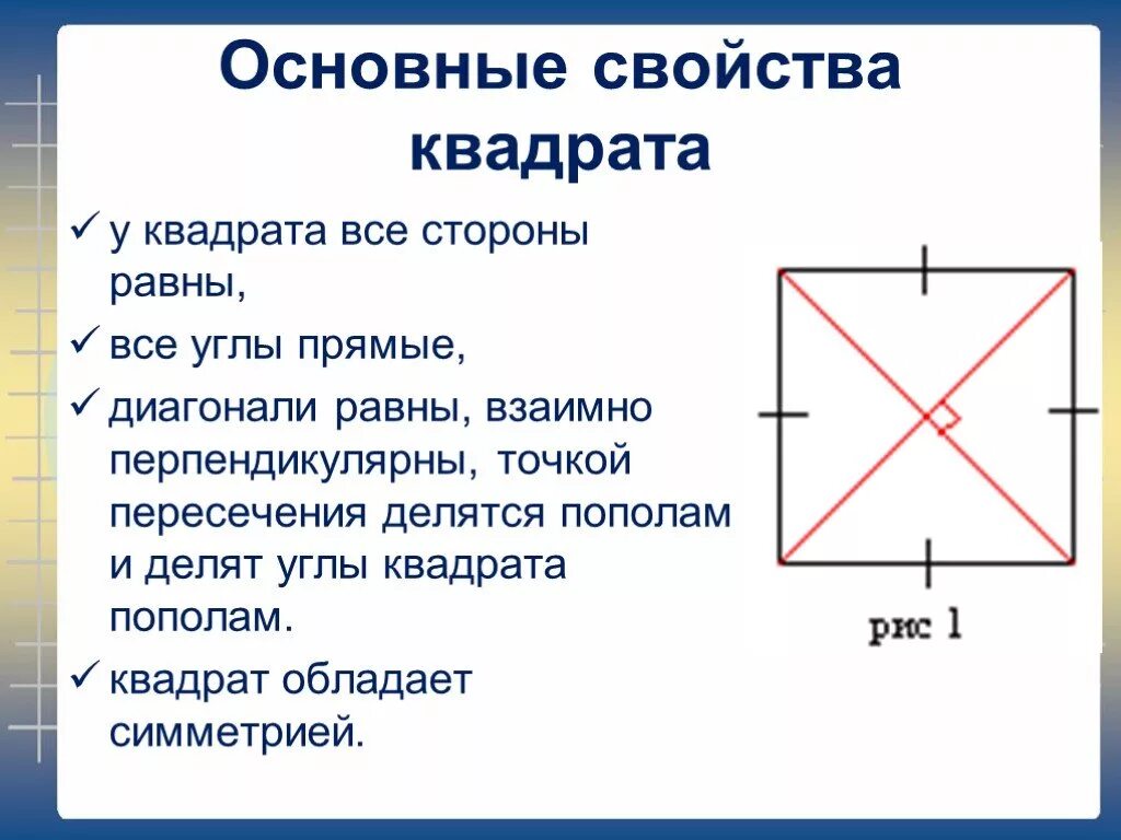 Основные свойства квадрата. Свойства диагоналей квадрата. Квадрат свойства квадрата. Перечислите все свойства квадрата.