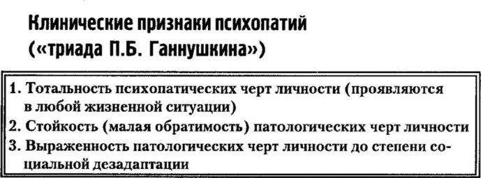 Критерии психопатии. Триада психопатий п.б.Ганнушкина клинические. Критерии психопатии п.б. Ганнушкина. Триада психопатии Ганнушкина. Признаки психопатий Ганнушкина.