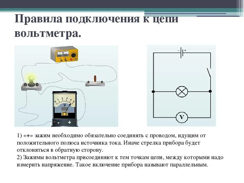 Последовательно в цепь включается. Схема включения вольтметра в цепь для измерения напряжения. Как подключается вольтметр на схеме. Схема правильно подключенного амперметра. Как подключается вольтметр в электрическую цепь схема.