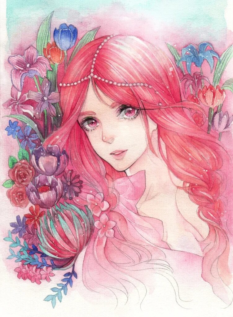 Девочка с розовыми волосами арт. Девушка с розовыми волосами рисунок. Нарисованная девочка с розовыми волосами. Девушка с цветами рисунок. Розовая нарисованная девочка