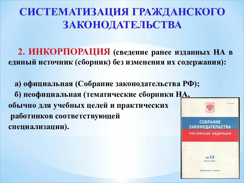 Виды инкорпорации. Инкорпорация примеры. Инкорпорация законодательства. Систематизация и кодификация законодательства. Примеры кодификации законодательства.