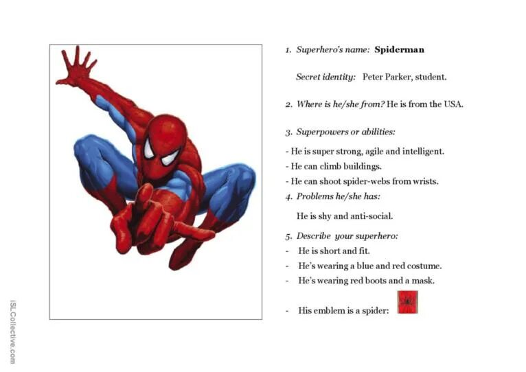 Описание человека паука. Человек паук на английском. Spider man vocabulary. Супергерои на английском. Стишки про человека паука.