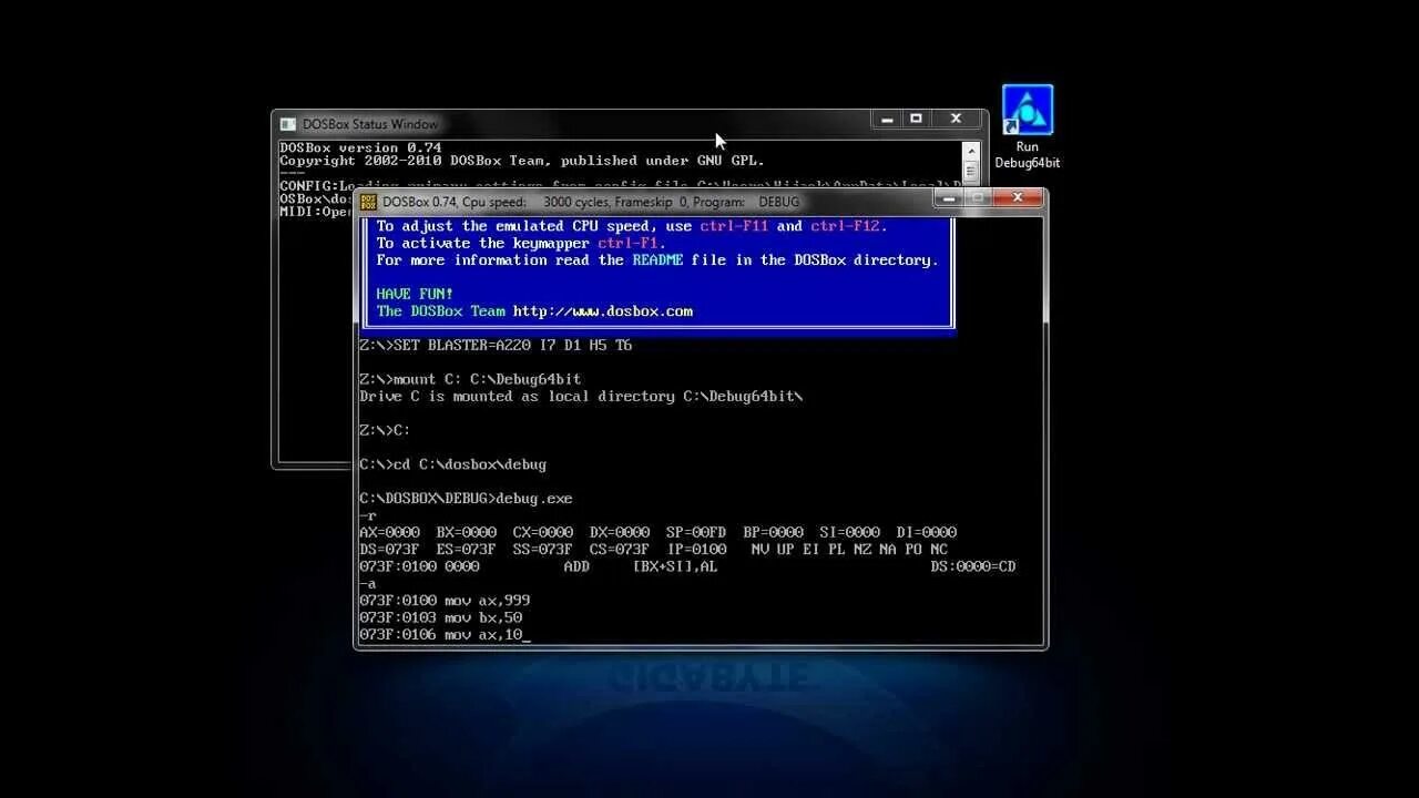 DOSBOX отладчик. Debug Windows. DOSBOX Emulator Windows 10 64 bit. Досбокс дебаггер.