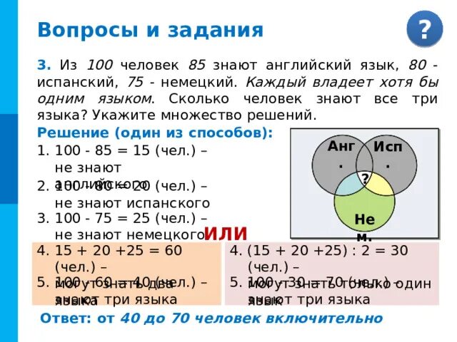 На фирме работают 67 человек из них 47 знают английский. Сколько людей не знает английский язык. На фирме работают 67 человек из них 47 знают английский 35 немецкий язык. Из 100 человек 85 знают английский 80 испанский 75 немецкий все. Сколько человек разговаривает на английском языке.
