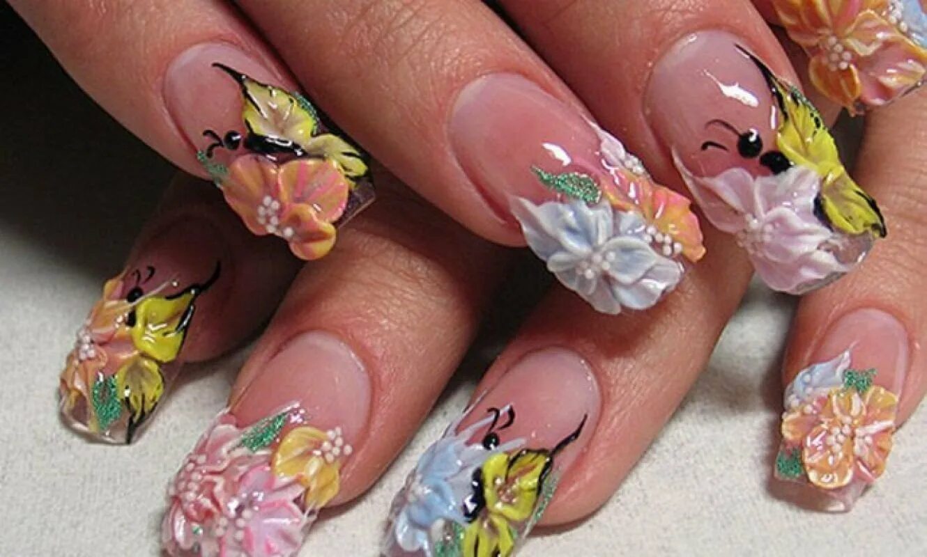 Дизайн ногтей. Френч с цветком. Маникюр с лепкой. Роспись на ногтях. Дизайн ногтей 3