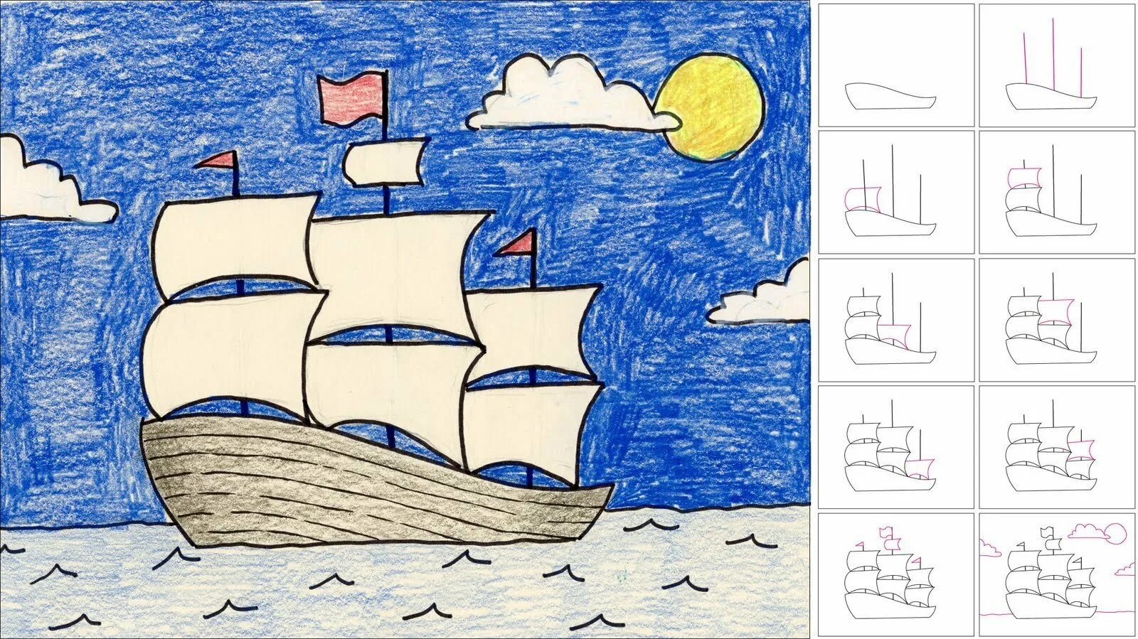 Какой корабль изображен на рисунке. Рисование корабля для детей. Детские рисунки кораблей. Корабль рисунок для детей. Рисунок корабля легкий для детей.