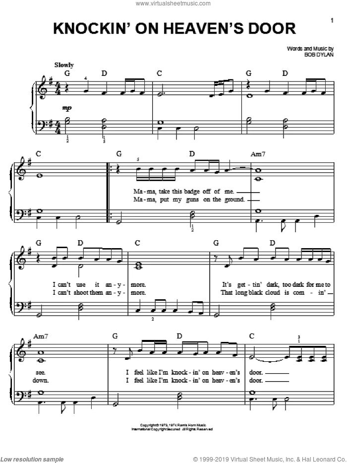 Heaven s песня. Knocking on Heavens Door НОТВ для фортепиано. Knocking on Heaven's Door Ноты. Ноту Dylan Bob - Knockin on' Heavens Door. Боб Дилан Knockin on Heaven's Door Ноты.