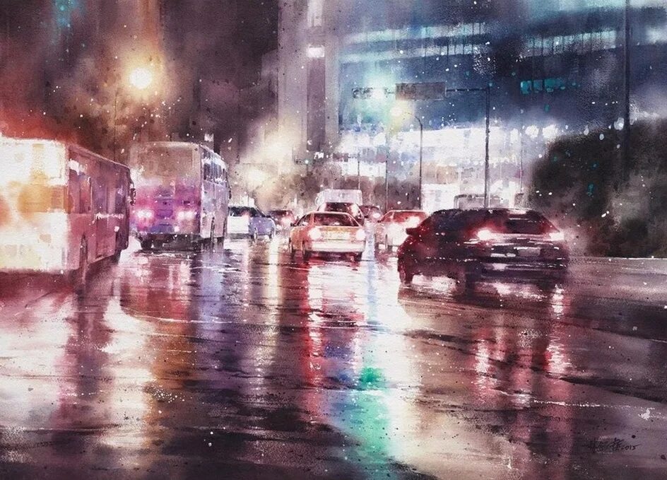 Дождь в большом городе. Художник Лин Чинг че акварель. Тайваньский художник Лин Чинг че. Линг Чинг че ночной город. Дождь.