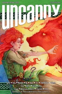 cover of Issue 54, a woman with wild red hair, wearing a green tunic has he...