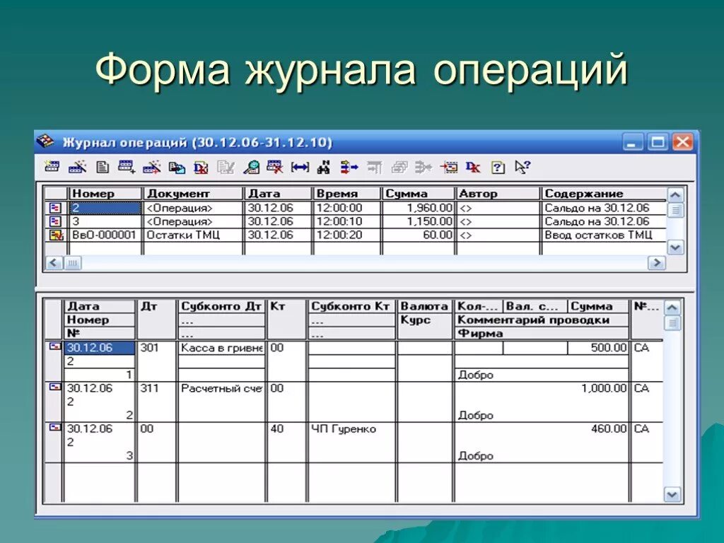 В журнале операций содержание операции