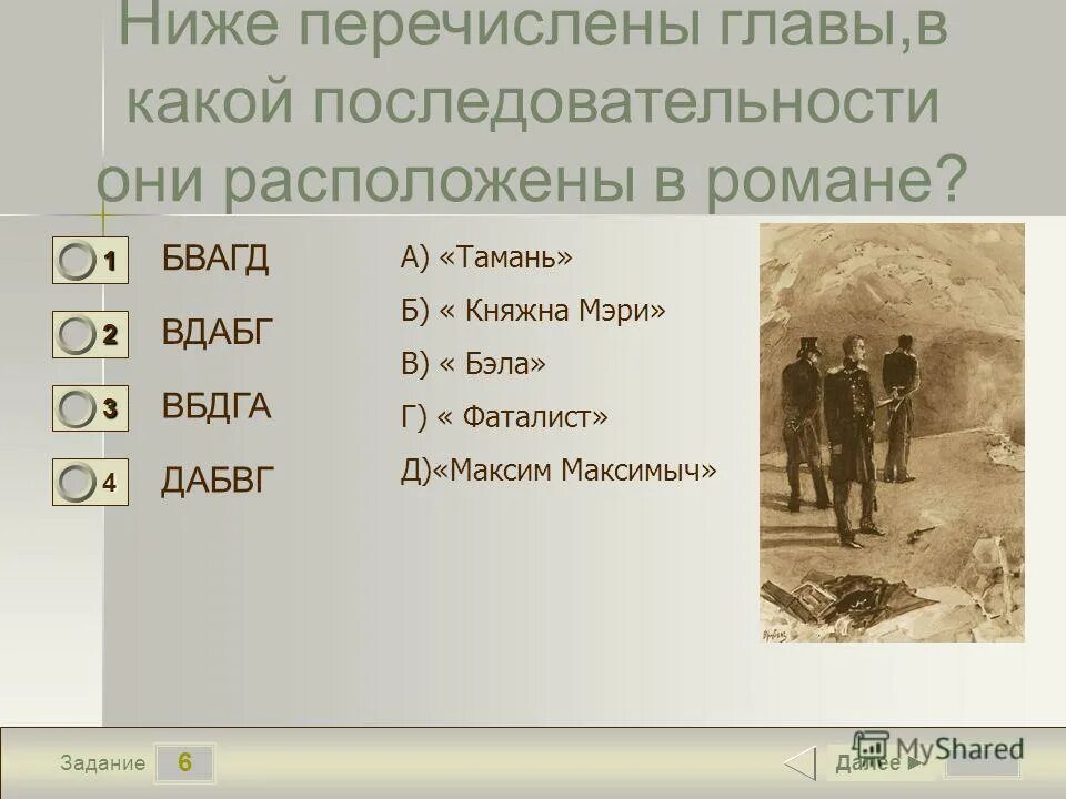 Тест бэла герой нашего времени с ответами. Главы романа м. ю. лермонтова «герой нашего времени». бэла максим максимыч тамань княжна мери фаталист. тест м ю лермонтова герой нашего времени. план главы фаталист.