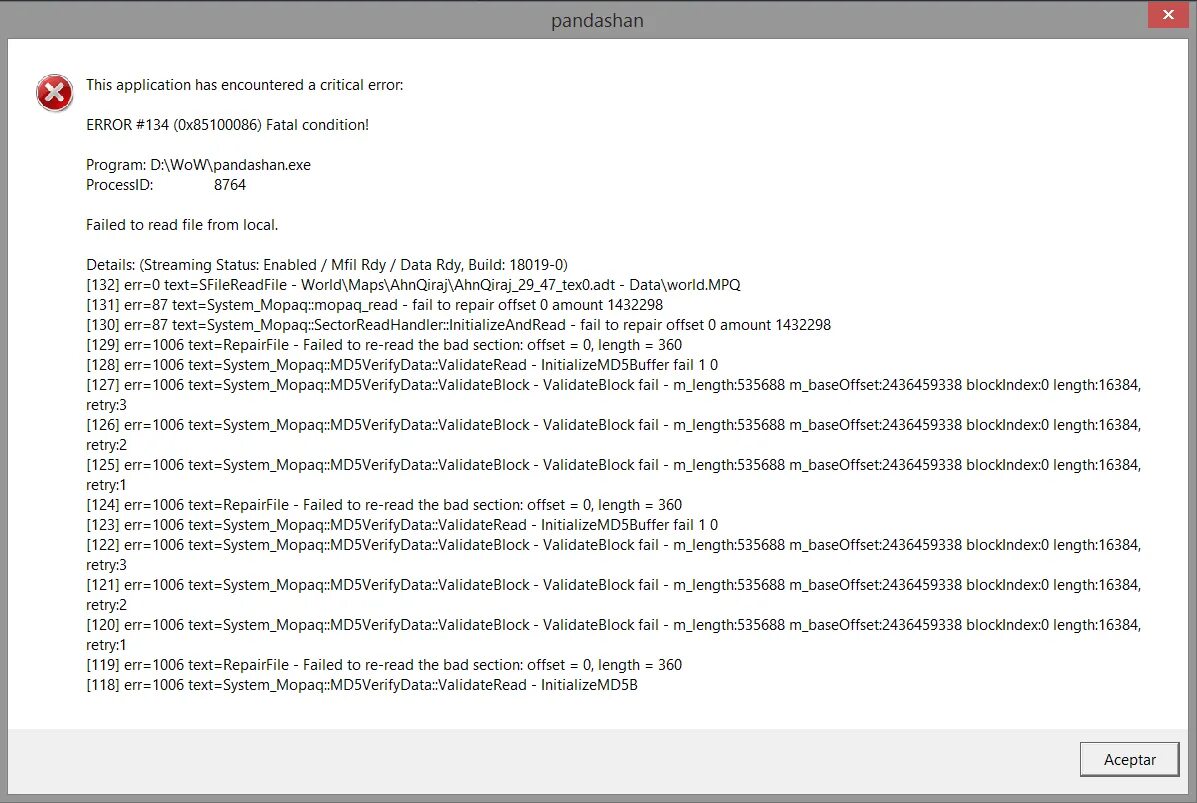 Sirus error 134 0x85100086 fatal condition. Sirus error 134 0x85100086 fatal condition