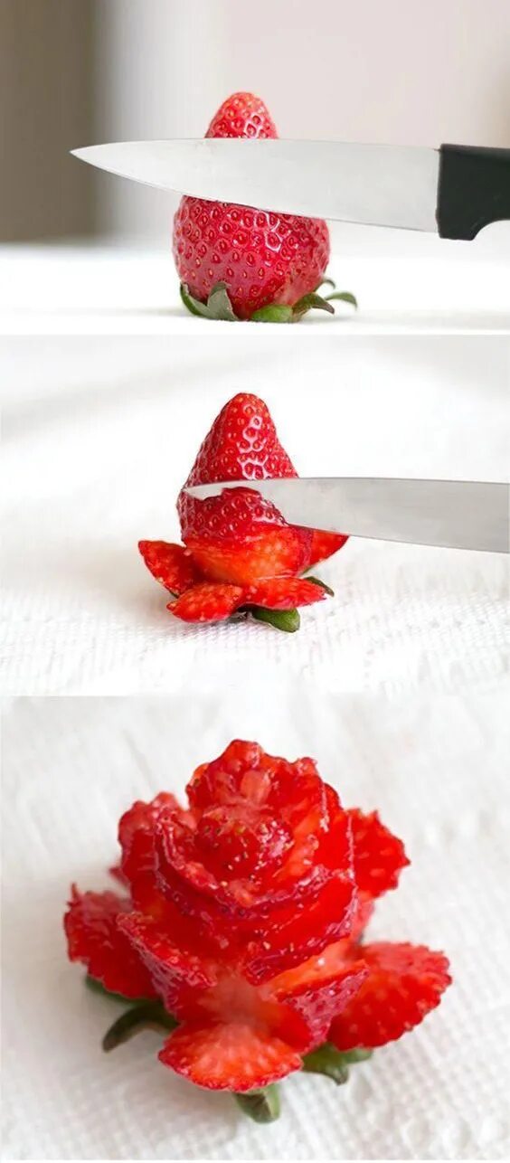 Как красиво нарезать клубнику. Украшение из клубники. красиво нарезать клубнику. нарезка клубники для украшения торта. цветок из клубники на торте.