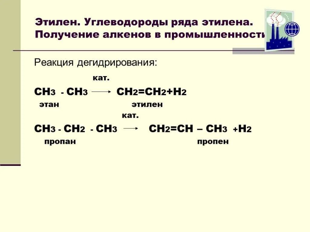 Процесс получения этилена. Лабораторные способы получения алкенов. реакция дегидрирования предельных углеводородов. уравнение реакции получения этана. химические реакции этиленовых углеводородов.