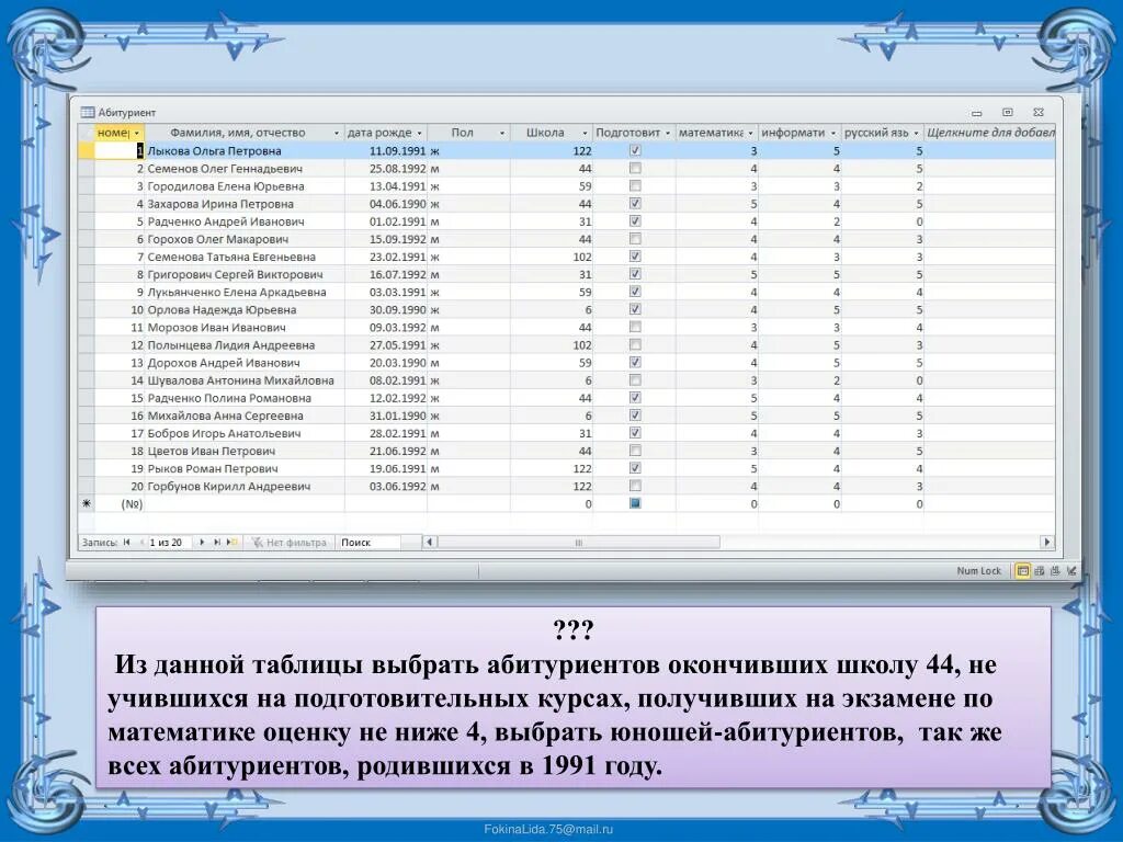 Таблица абитуриента. Формирование простых запросов к готовой базе данных. Запросы к БД абитуриенты. БД абитуриент 9 класс. Создать запрос для выбора всех абитуриентов окончивших школу.