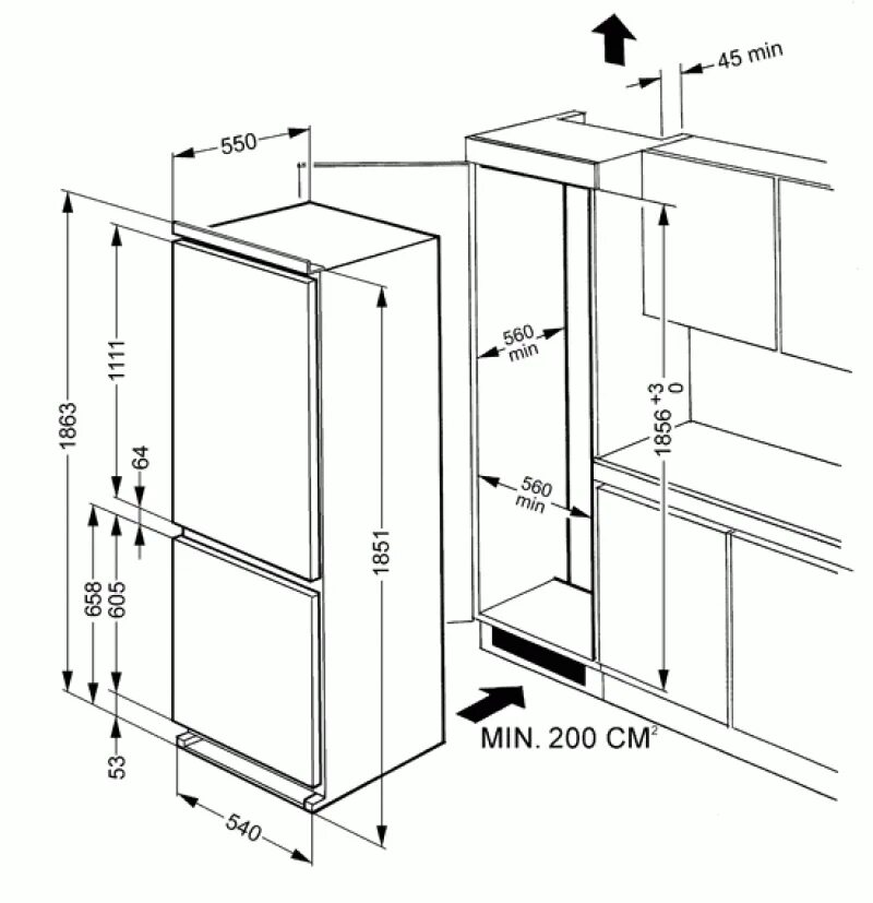 Встроенный холодильник схема встройки. Smeg cr330ap. Встраиваемый холодильник Gorenje rki4182e1 схема монтажа. Встроенный холодильник монтажная схема.