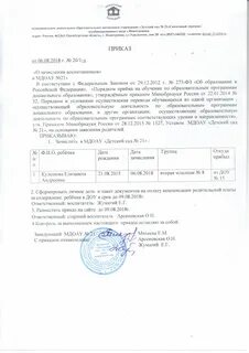 Образец приказа о зачислении детей