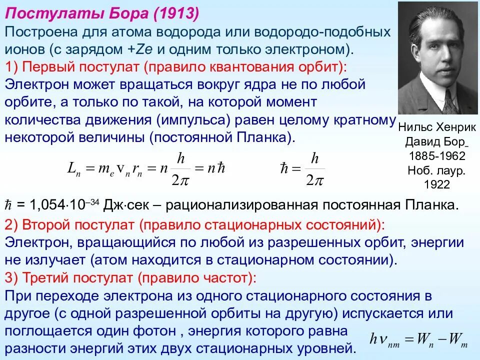 Кто автор двух постулатов. Постулаты Нильса Бора. Первый постулат Бора.