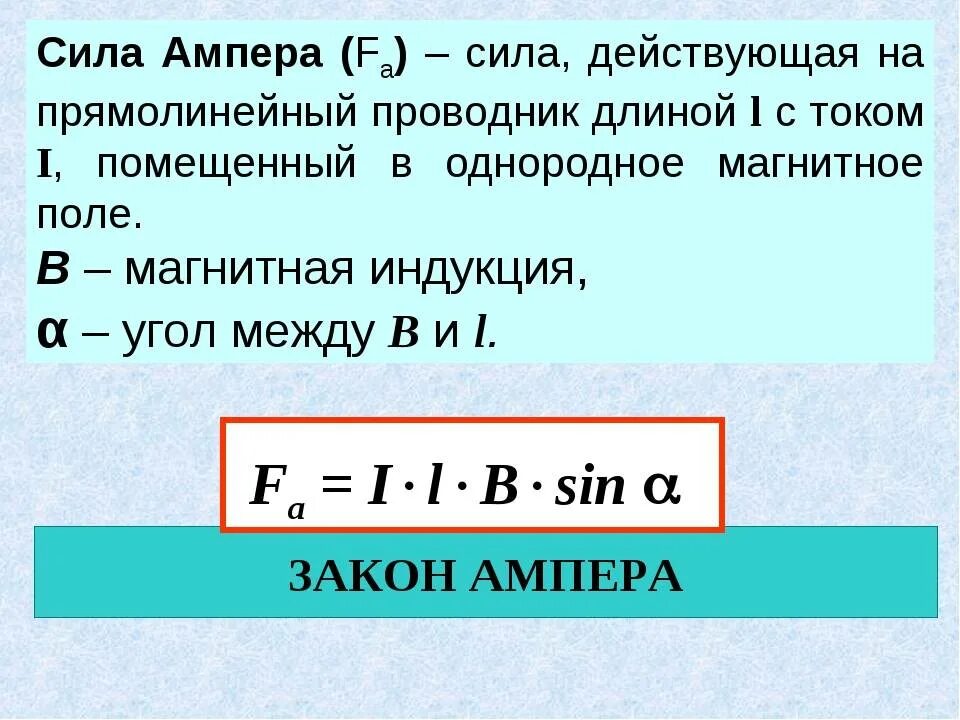 Понятие ампер. Сила Ампера формулировка и формула. Формула силы Ампера для проводника. Формула для расчета силы Ампера. Сила Ампера закон Ампера.