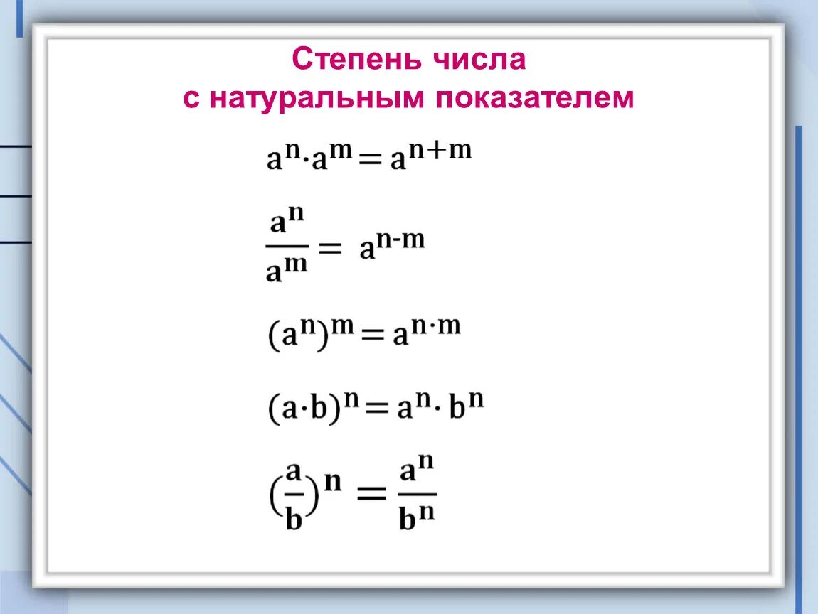 Урок свойства степени. Степень числа с натуральным показателем. Памятка степень с натуральным показателем 7 класс. Формулы свойства степени с натуральным показателем 7 класс. Число в степени в степени.