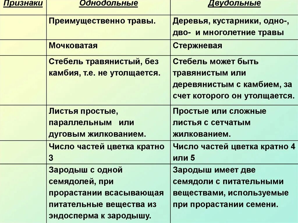 Как отличить однодольные. Однодольные бвудольные таб. Признаки однодольных и двудольных растений таблица. Сравнительная таблица "признаки однодольных и двудольных растений. Однодольные и двудольные различия таблица.