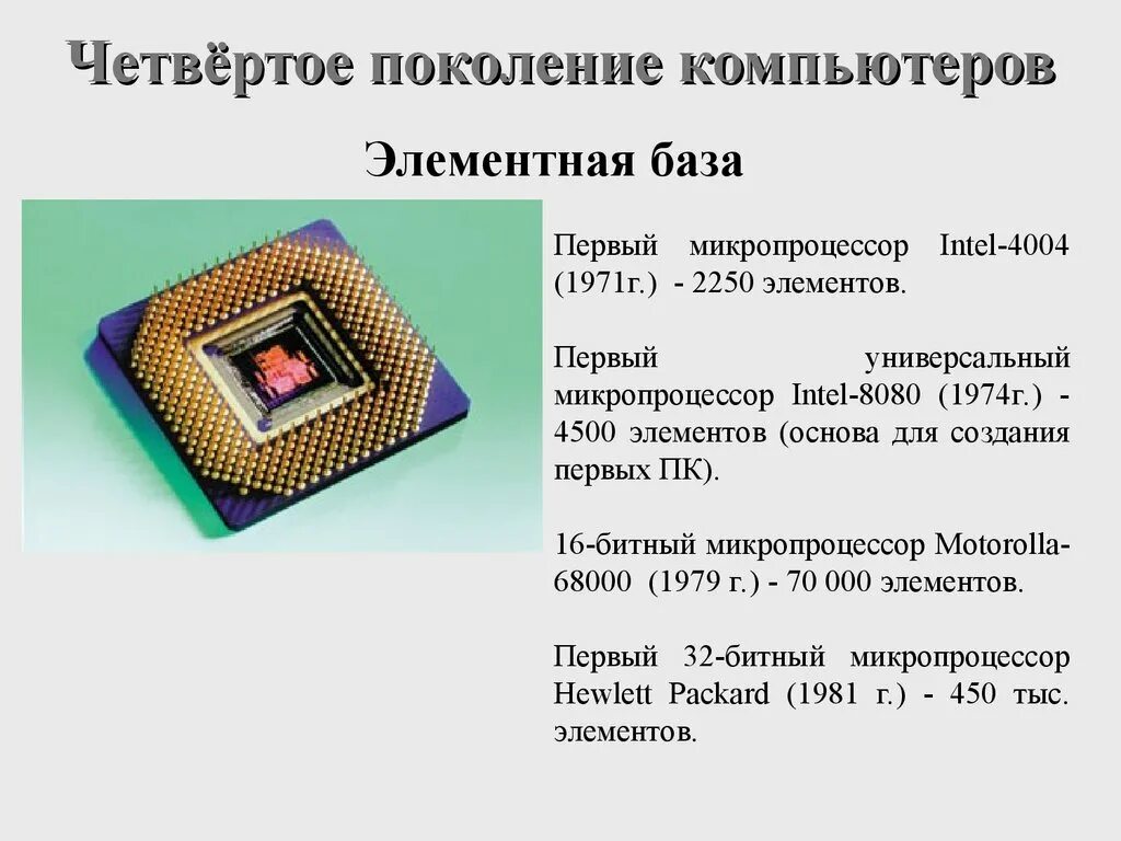 Элементная база поколения компьютеров. Элементарная база компьютеров четвертого поколения. Первый микропроцессор Intel 4004 1971. Элементарная база компьютеров 1 поколения. Микропроцессор 4 поколения ЭВМ.