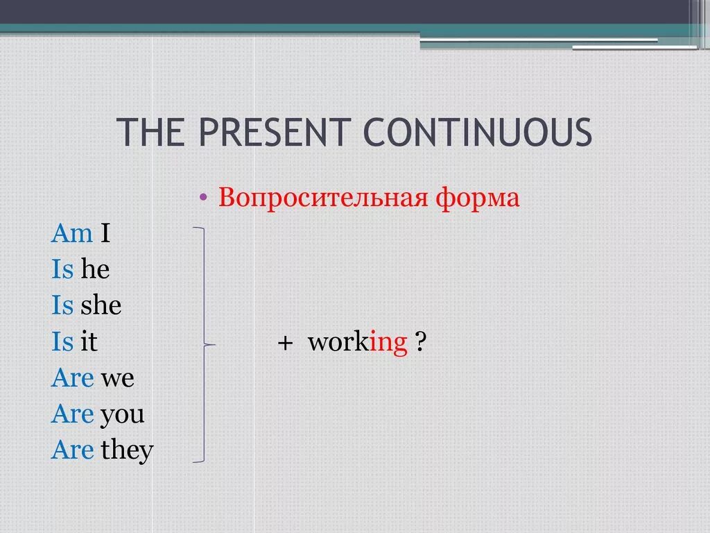 Выберите верную форму present continuous. Вопросительная форма present континиус. Present Continuous отрицание и вопрос. Утвердительная отрицательная и вопросительная форма present Continuous. Образование утвердительной формы present Continuous.