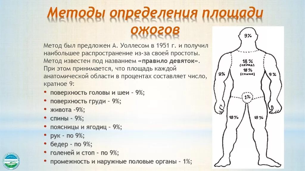 Ожоги проценты поражения. Площадь поражения при ожогах 2 степени. Методы оценки площади ожога. Метод измерения степени ожога. Степень ожога правило девяток.