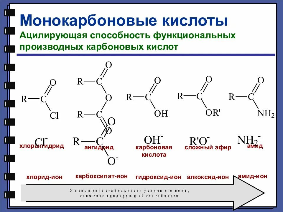 Кислоты реакционная способность. Функциональные производные карбоновых кислот. Ацилирующая способность сложных эфиров. Монокарбоновые соединения. Функциональные производные карбоновых кислот галогенангидриды.